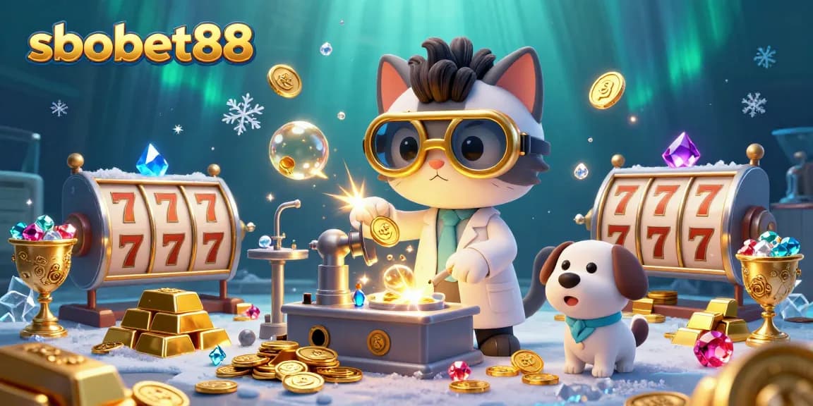 Sbobet88 showcases a lively scene with a mad scientist cat, assistant dog, gold coins, and slot reels amid magical energy.
