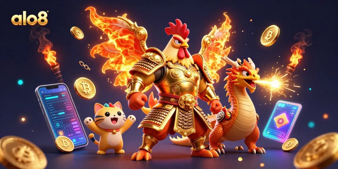 Alo8 offers thrilling gaming adventures with a rooster warrior and dragon in a vibrant casino setting.