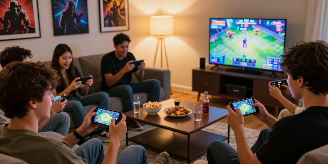 Engaging Raja Game login scene with friends enjoying the game together on smartphones in a cozy living room.