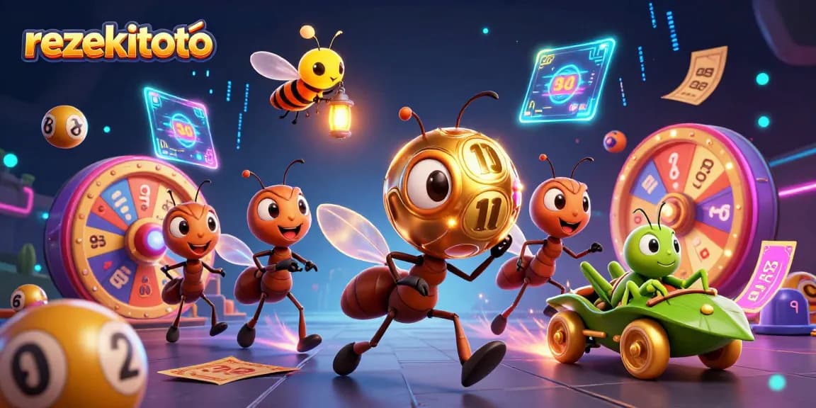 Experience lottery excitement with rezekitoto as ants carry a giant lottery ball in vibrant 3D art.