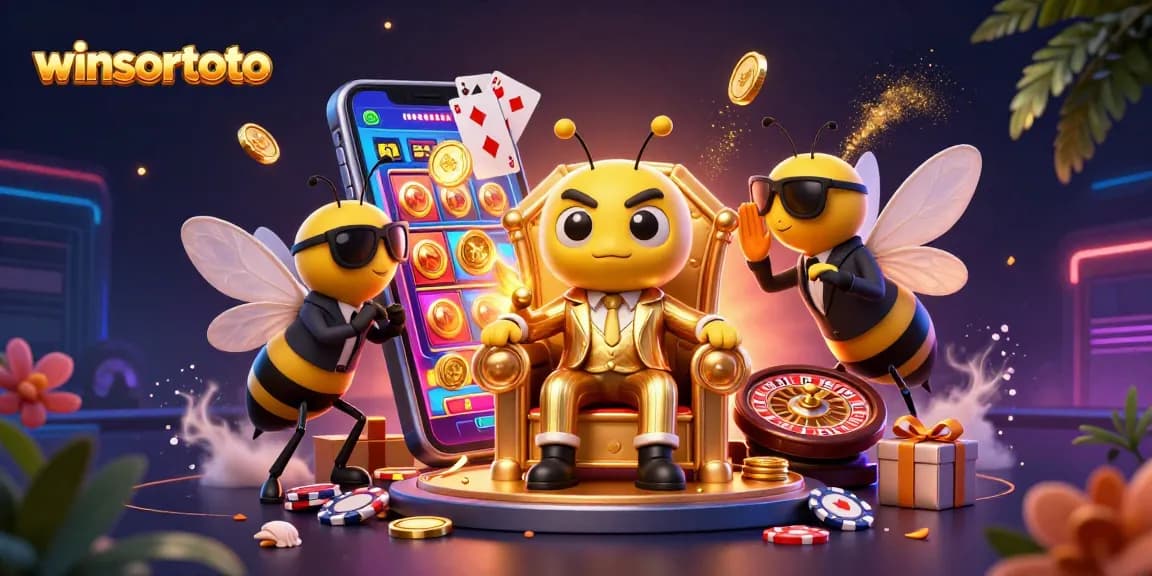 Menang di permainan slot winsortoto dengan ilustrasi kasino penuh warna dan karakter unik.