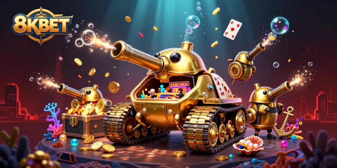 Engage with the vibrant 8KBET casino scene featuring a golden beetle tank, coins, and playing cards.