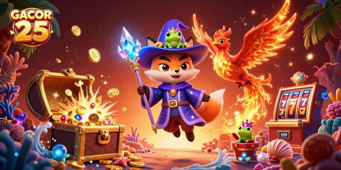 Experience thrilling gameplay with GACOR 25, featuring mystical wizard fox, phoenix, and vibrant slot elements.