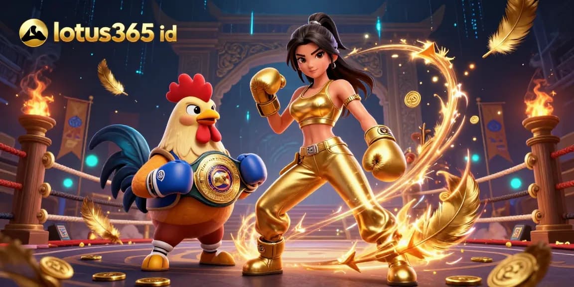 Engage with thrilling betting action at lotus365 id with an athletic woman, championship rooster, and gold elements.