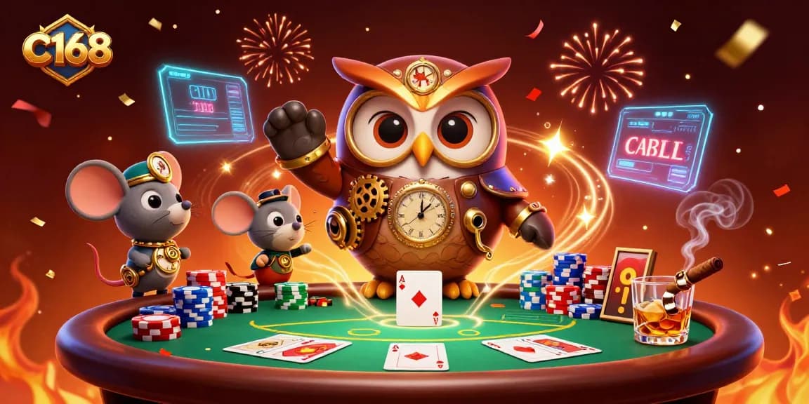 C168 features 3D cartoon owl and mouse in a bustling casino scene with poker elements and vibrant effects.