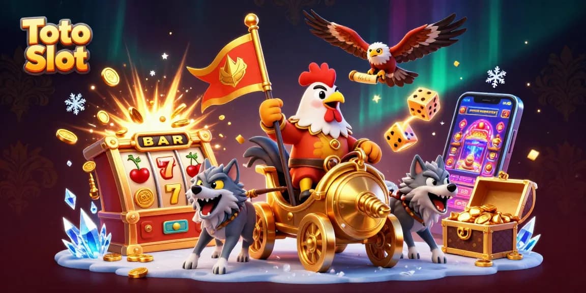 Toto Slot showcases a thrilling gaming scene with a rooster warlord, lucky symbols, and jackpots exploding.