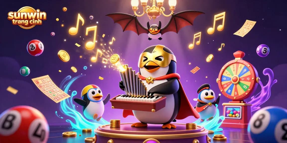 Experience excitement with sunwin trang chính featuring a penguin playing an organ, surrounded by dynamic casino elements.