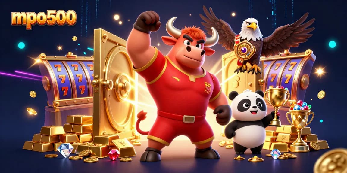 Win big with mpo500 while celebrating in a vibrant casino-themed world full of treasures and slot machines.