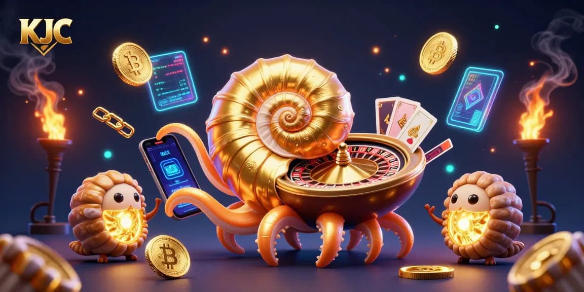 Experience the thrill of KJC with a dynamic 3D illustration of a nautilus roulette wheel surrounded by glowing crypto elements.