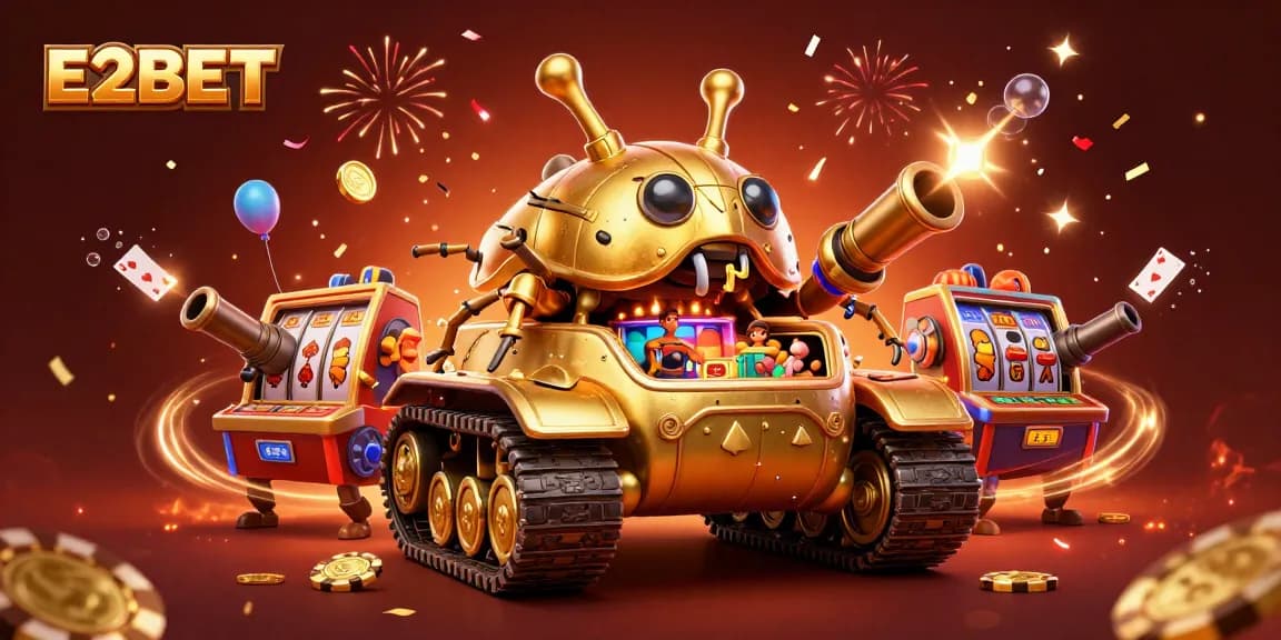 E2BET's exciting casino experience showcased with a vibrant golden beetle tank and slot reels.