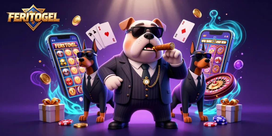 Experience the excitement of FERITOGEL with cartoon mafia characters amidst casino games and rich visuals.