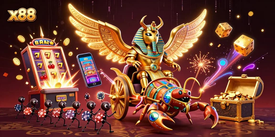 x88 players spinning the jackpot reels with a vibrant slot machine bursting coins.