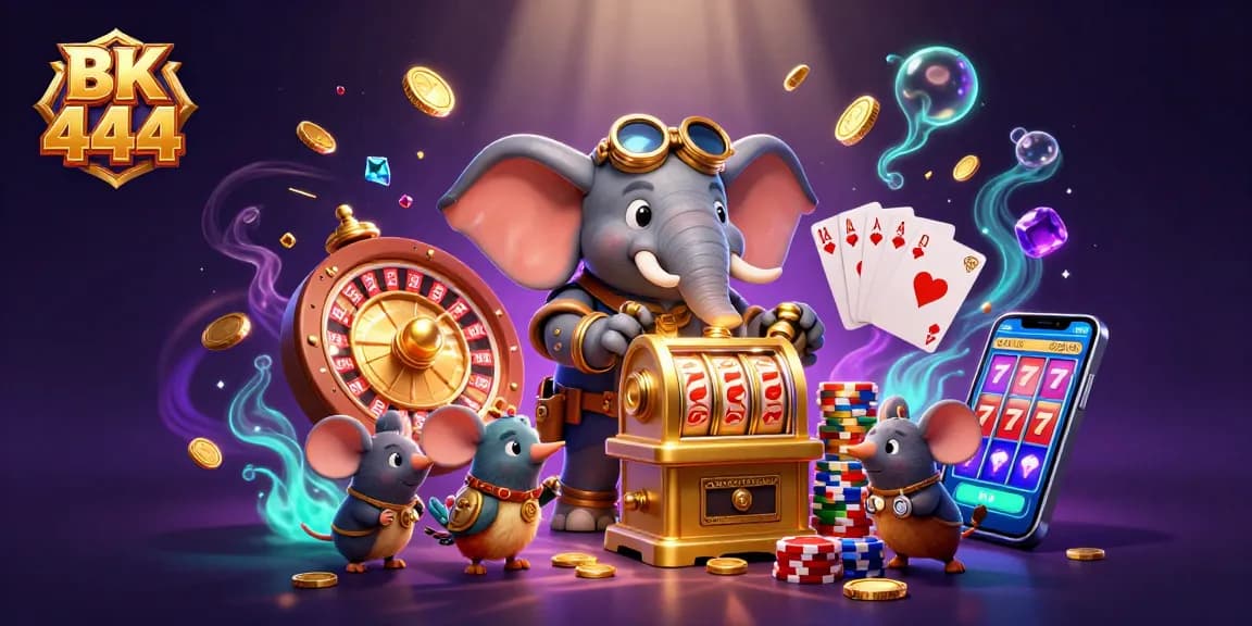 Engage with thrilling wins at BK 444's vibrant 3D casino scene featuring steampunk characters and games.