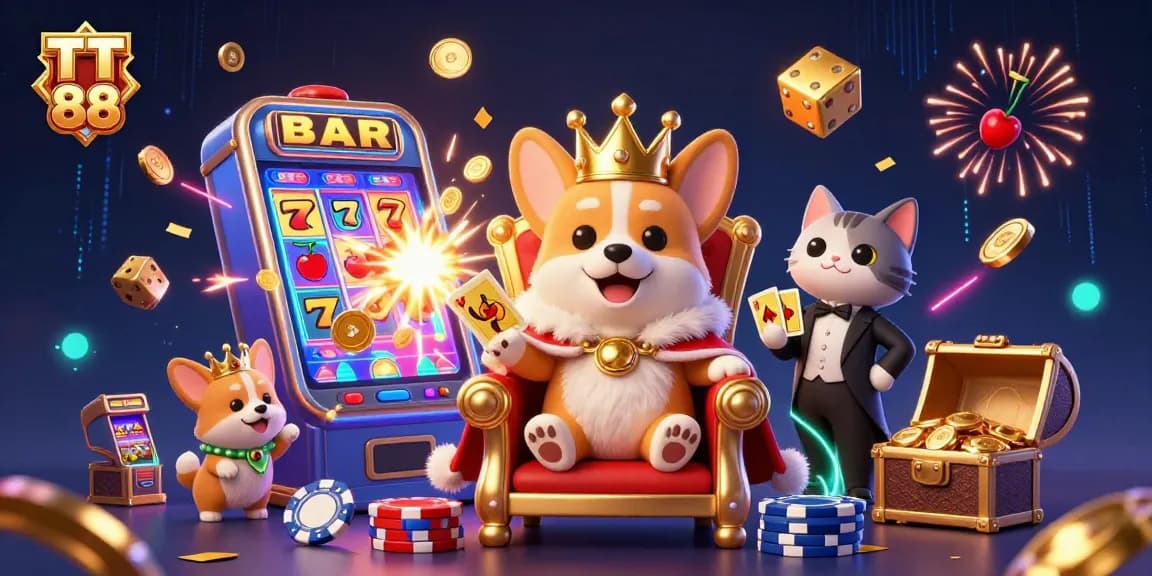 Experience the excitement of TT 88 with a royal corgi atop a throne of poker chips surrounded by jackpot elements.