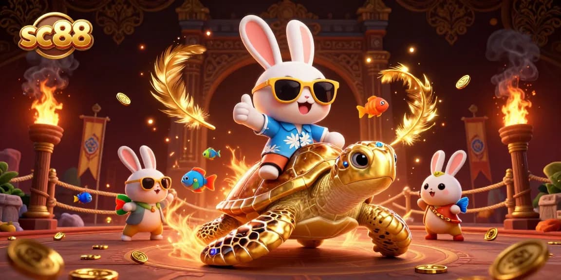 Join the fun with sc88, as the lucky rabbit and golden turtle navigate a vibrant casino adventure!