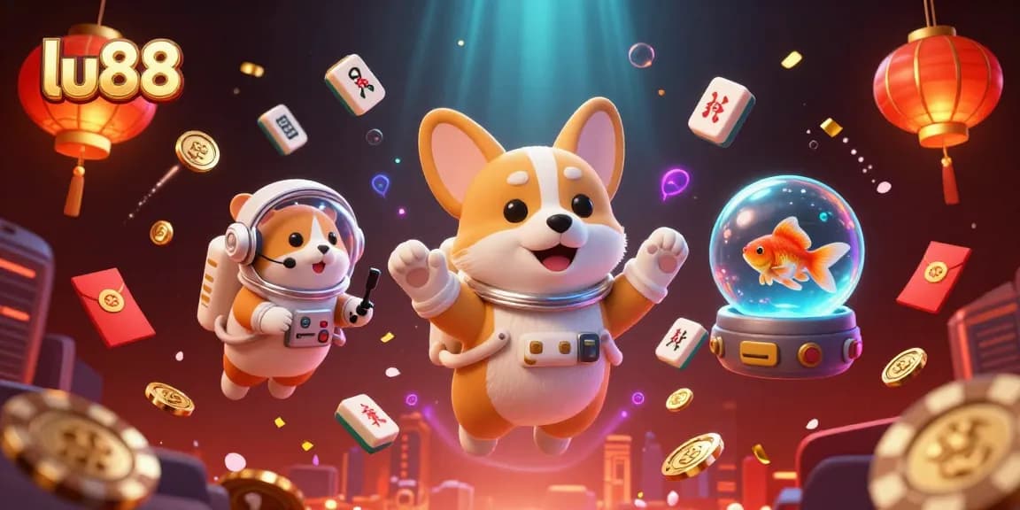 Explore thrilling gaming with lu88 in this vibrant casino scene featuring a playful astronaut corgi.