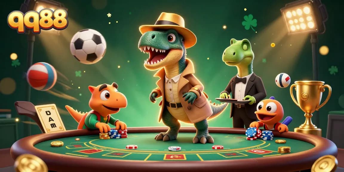 Experience the excitement at qq88 with a lively scene showcasing animated characters in a dynamic casino environment.