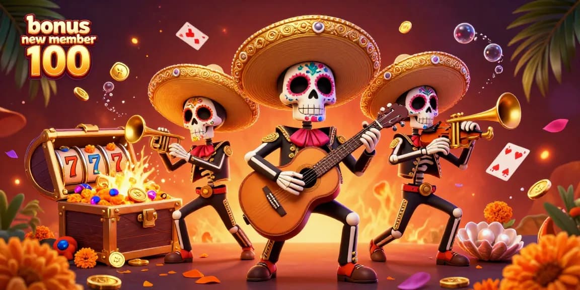 Exciting illustration showcasing the bonus new member 100 promotion with colorful mariachi skeletons and vibrant game elements.