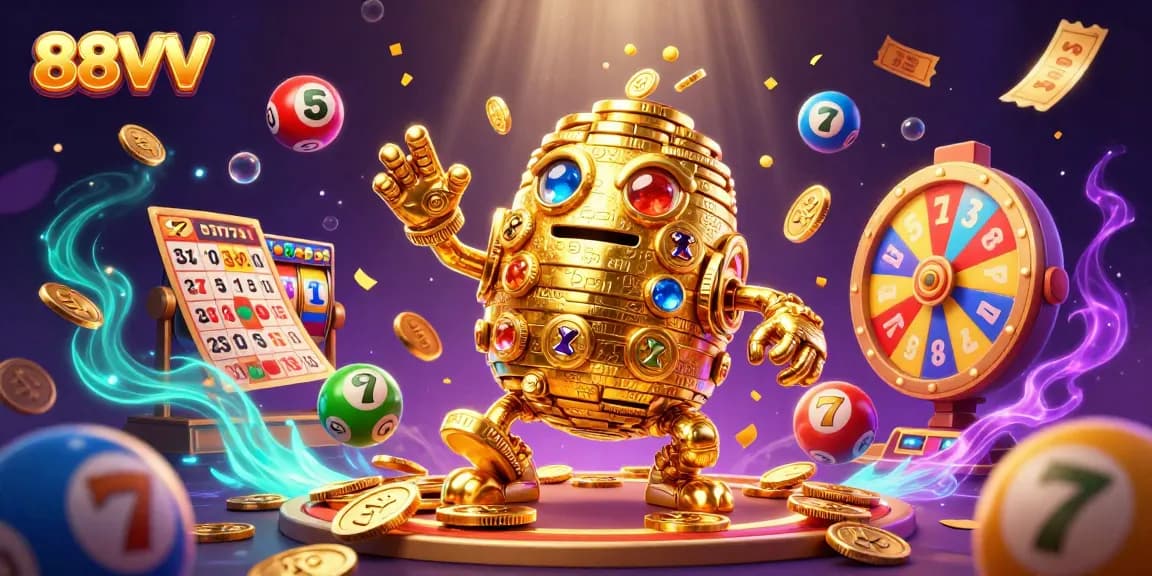 Experience thrilling gameplay with 88VV, where golden golems and slot reels collide in a jackpot-rich casino environment.