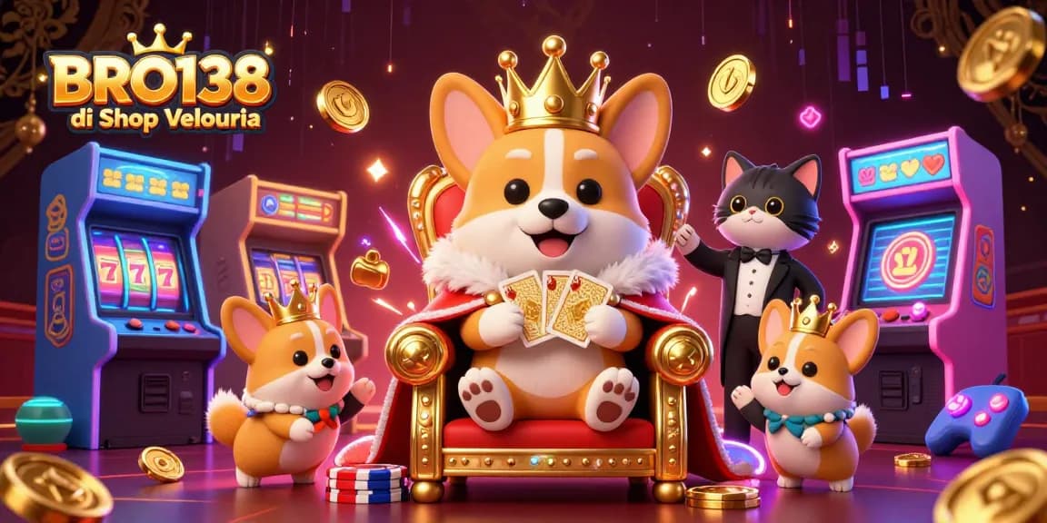 BRO138 di Shop Velouria showcases a royal corgi king surrounded by vibrant slot machines and gaming elements.