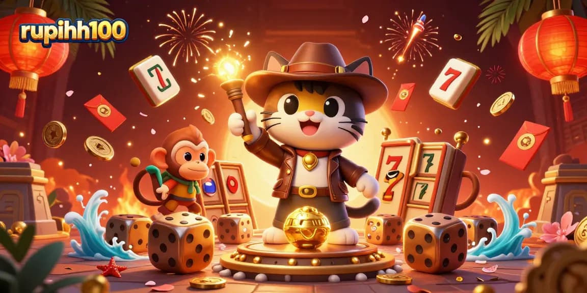 Experience the excitement of rupiah100 with an archaeologist cat discovering golden casino artifacts surrounded by vibrant game elements.