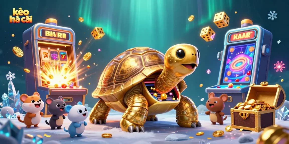 Engage with kèo nhà cái in a vibrant 3D casino scene showcasing a colossal tortoise playing a pinball game.