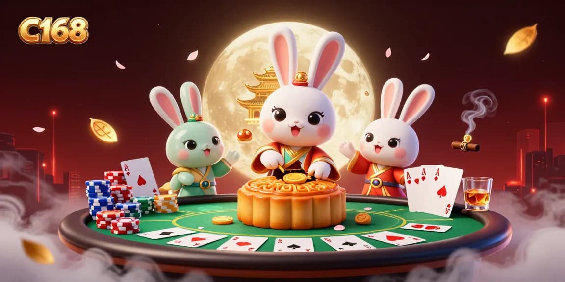 C168 showcases a vibrant 3D moonlit casino scene with whimsical characters and poker elements.