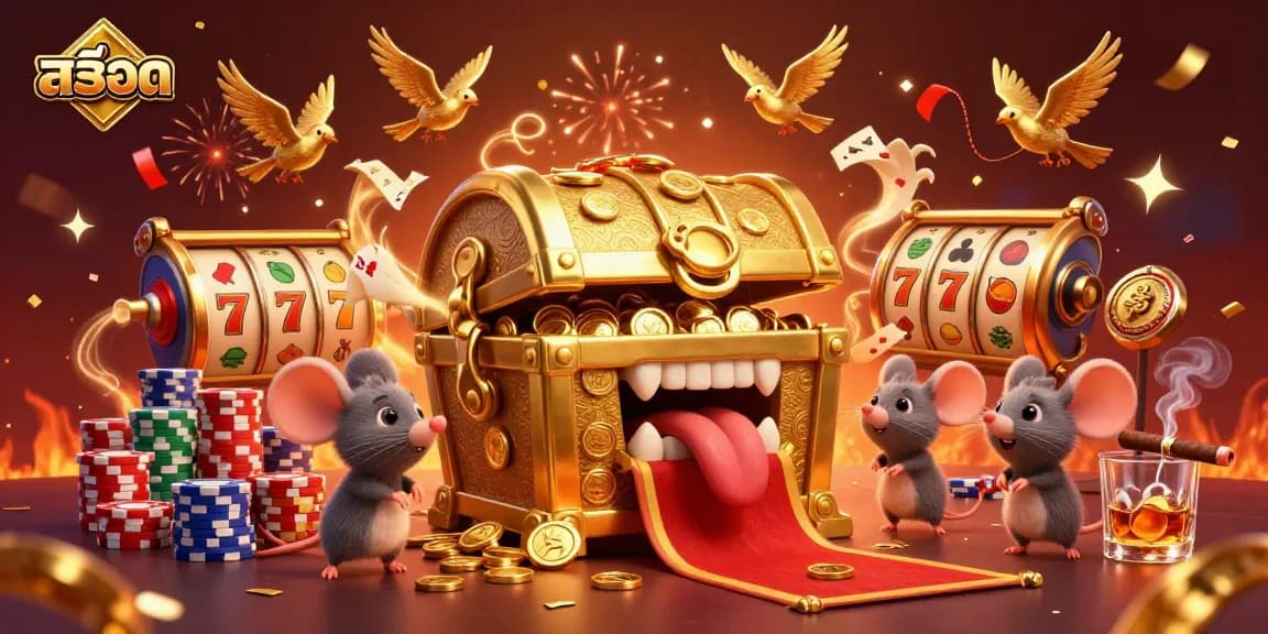 Play สล็อต slots and win big with a golden treasure chest, poker chips, and festive confetti.