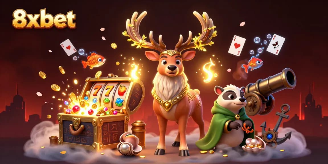 Experience the excitement of 8xbet with dynamic scenes of gaming and vibrant illustrations.