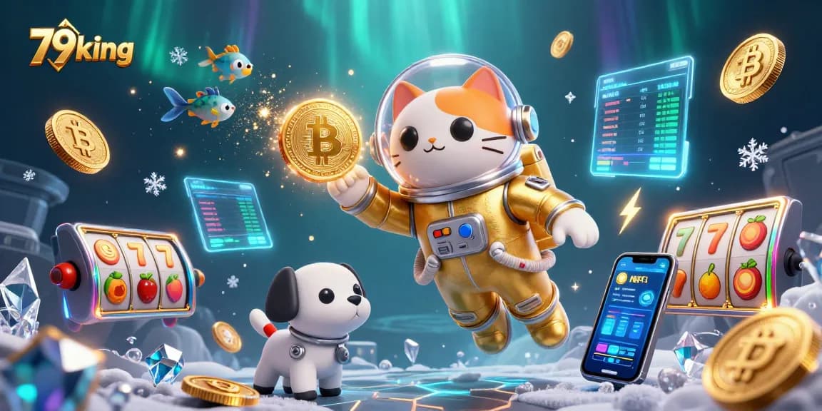 Win big at 79king with an exciting 3D casino adventure featuring slot reels and flying crypto coins.