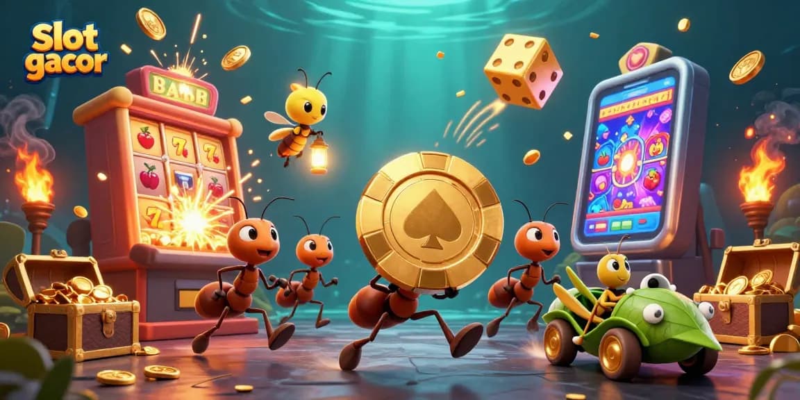 Experience the thrill of slot gacor with 3D ants on a heist, vibrant casino elements bursting around.
