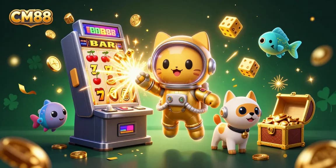 Spin the reels with CM88's vibrant casino adventure featuring colorful characters and jackpot excitement.