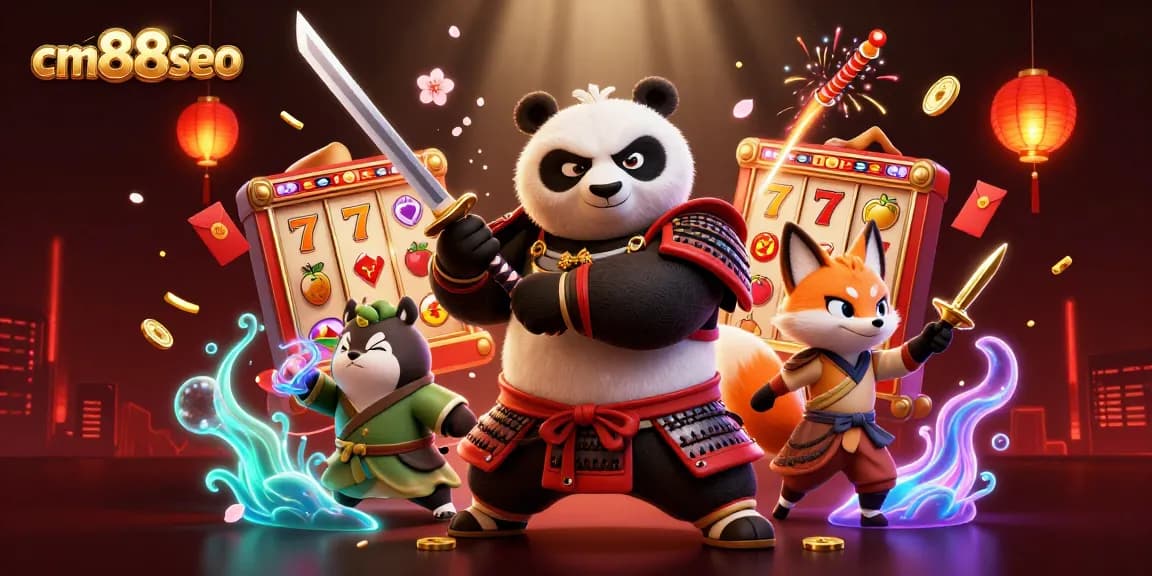 Engage in exciting slots gameplay with cm88seo's vibrant 3D illustration featuring characters and rich casino elements.