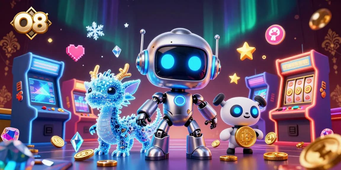 Experience O8's vibrant casino adventure with neon characters and game elements