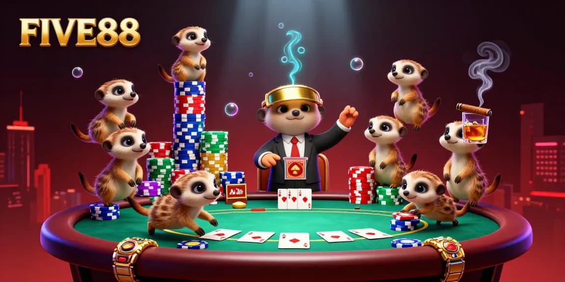 Experience the excitement at FIVE88 with meerkats running a lively poker scene in a vibrant casino.