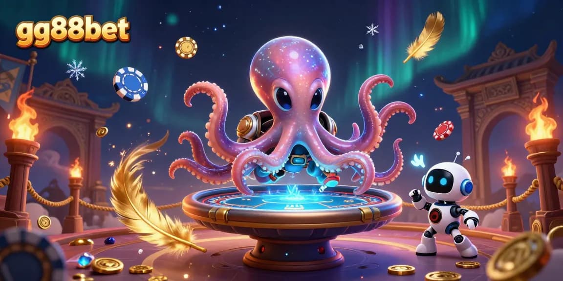 Join the excitement of gg88bet with an alien octopus at a poker table amidst vibrant casino elements.