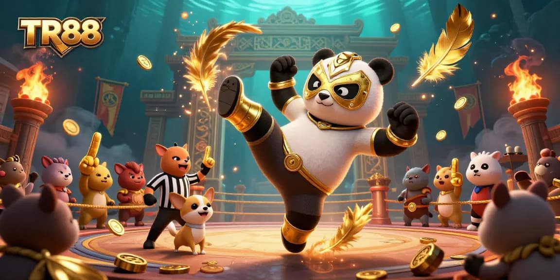 Experience the exciting realm of TR88 with a professional wrestler panda kicking and a cheering crowd.