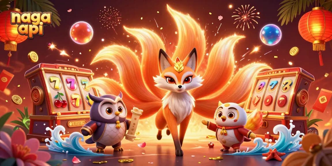 Engage with the vibrant world of Naga API in this dynamic slot-themed 3D illustration