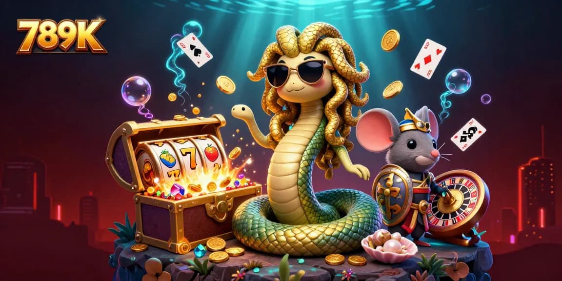 Experience thrilling gameplay with 789K as Medusa and a warrior mouse uncover treasures in a vibrant casino world.