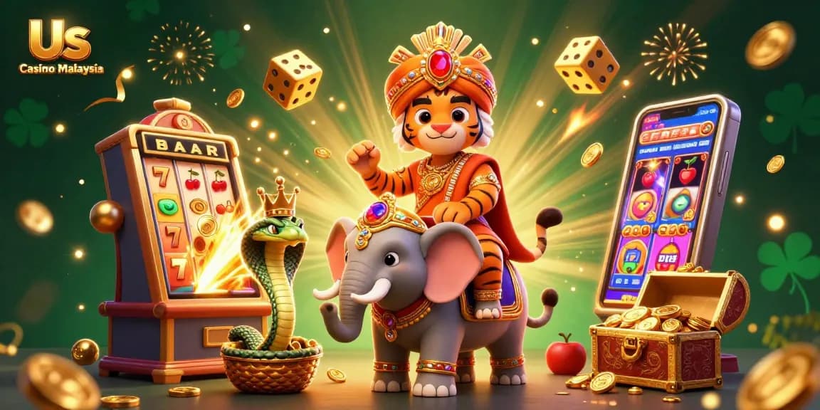 Experience excitement at Us Casino Malaysia with vibrant slot machines, games and festive elements.