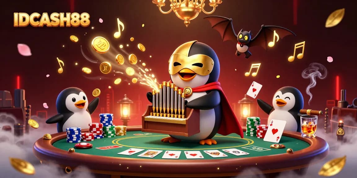 Experience the excitement of IDCASH88 with a vibrant casino-themed illustration full of action.