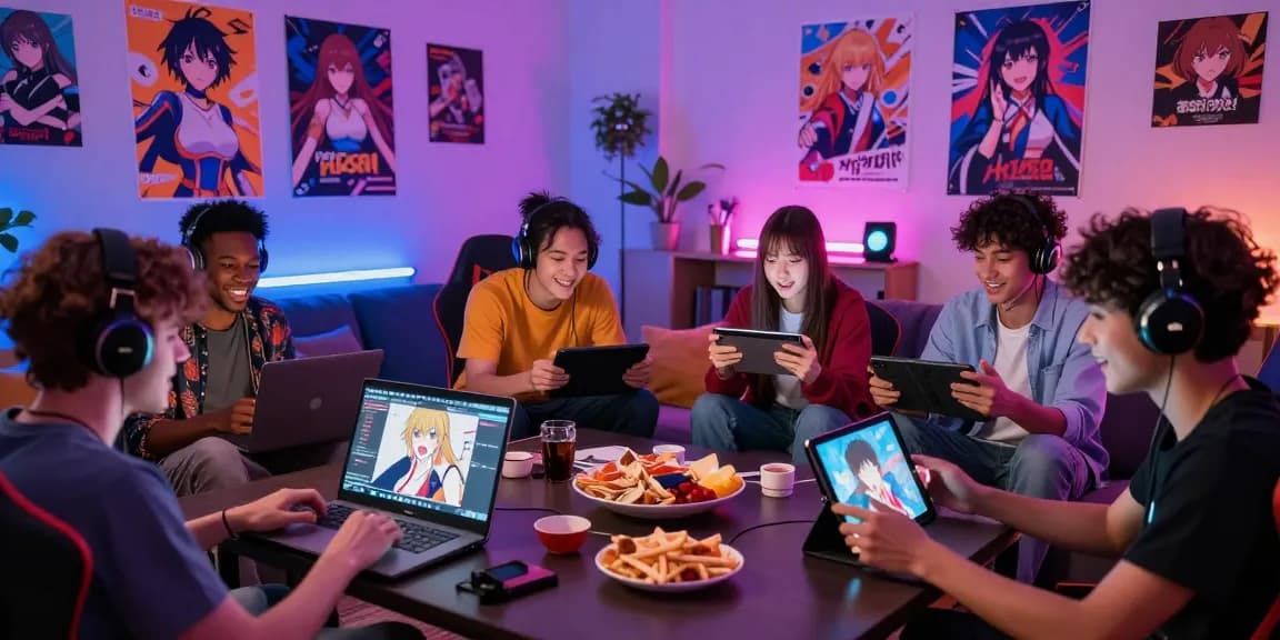 Players engaging with hentai games on various devices in a lively gaming room.