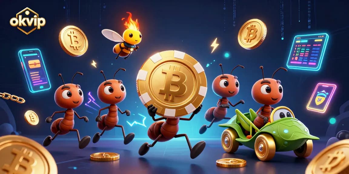 okvip team of animated ants conducting a casino heist with a golden poker chip.