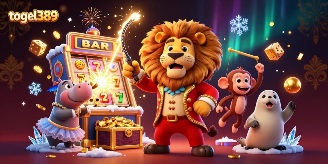 Experience thrilling gameplay with togel389, featuring a vibrant 3D scene of casino characters amidst a jackpot explosion.