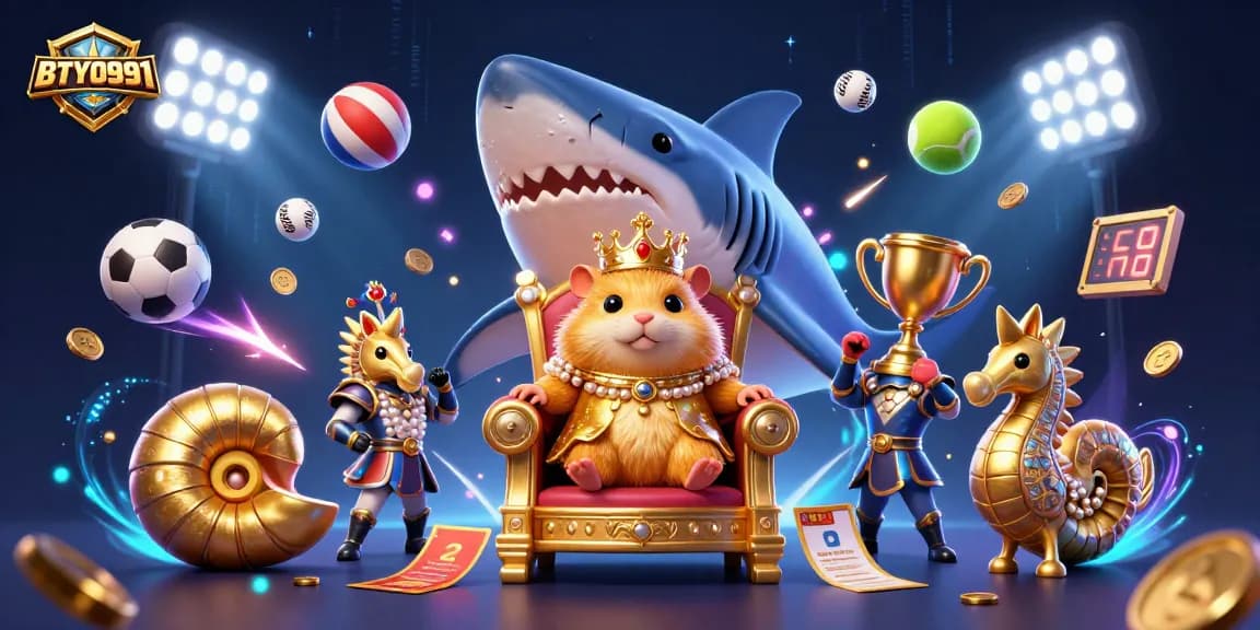 BTY0991 showcases a fierce hamster king throne surrounded by vibrant sports elements in a royal casino setting.