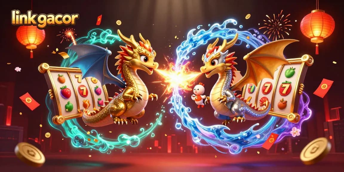 Experience thrill with link gacor as golden and silver dragons unleash fire and ice in an exciting casino landscape.