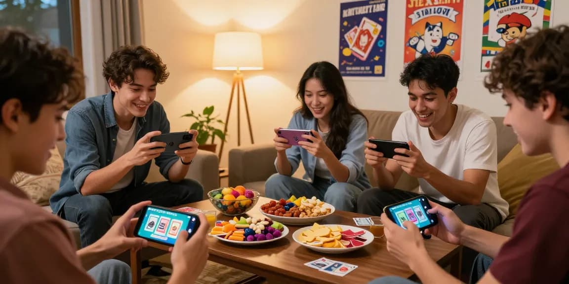 Exciting group of friends playing 3 Patti Gold APK game on smartphones in cozy living room.