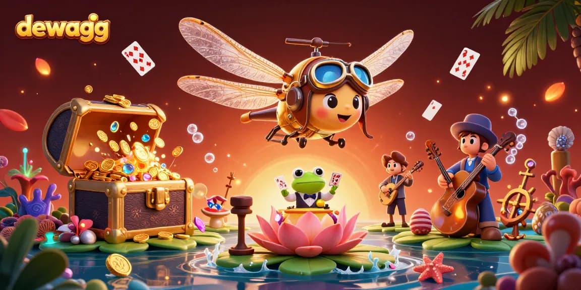 Dewagg transforms your gaming experience at a vibrant lily pad casino, featuring dynamic characters.