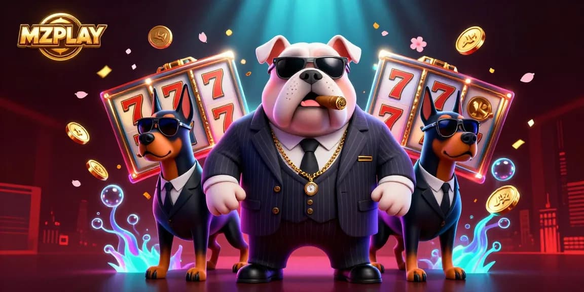 MZPLAY showcases a vibrant 3D casino scene with a mafia bulldog and Doberman bodyguards amidst slot reels and gold coins.