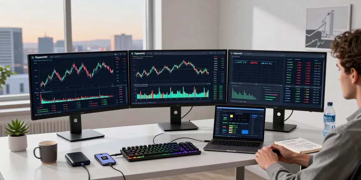 Playexch247 cryptocurrency trading setup with advanced charts and digital wallet in a modern workspace
